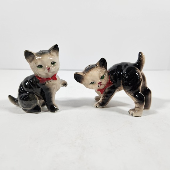 Other - Vintage Ceramic Cat Salt and Pepper Shakers Set Black White Kittens Red Bows